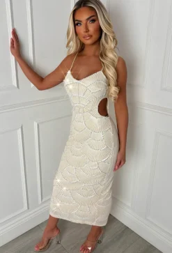 Turning Heads Cream Beaded Cut Out Dress