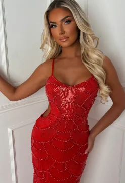 Turning Heads Red Beaded Cut Out Dress