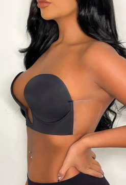 Ultimate Push Up Deep Plunge Black Backless Stick On Side Panel Bra