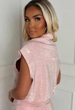 Ultimate Shine Pink Sparkle Cut Off Denim Jacket