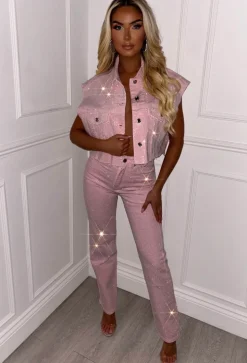 Ultimate Shine Pink Sparkle Cut Off Denim Jacket