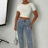 Ultimate Sparkle Mid Blue Straight Leg Stretch Diamante Jeans
