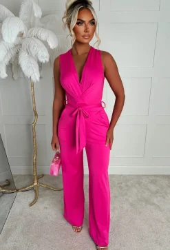 Vacay Tease Fuchsia Cross Front Belted Jumpsuit