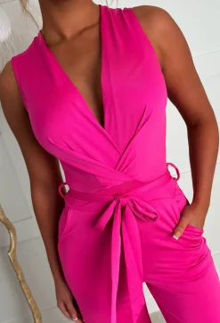 Vacay Tease Fuchsia Cross Front Belted Jumpsuit