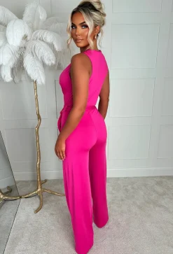 Vacay Tease Fuchsia Cross Front Belted Jumpsuit