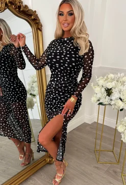 Venus Vibes Black Spot Ruched Side Midi Dress