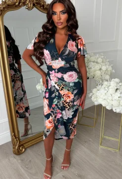 Venus Vibes Multi Floral Animal Print Ruched Midi Dress