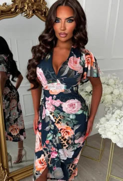 Venus Vibes Multi Floral Animal Print Ruched Midi Dress