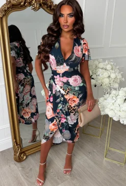 Venus Vibes Multi Floral Animal Print Ruched Midi Dress