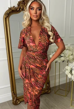 Venus Vibes Multi Zebra Print Ruched Side Midi Dress