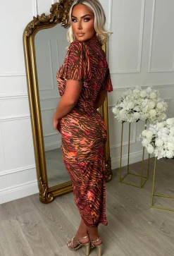 Venus Vibes Multi Zebra Print Ruched Side Midi Dress