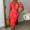 Venus Vibes Pink Abstract Print Ruched Side Midi Dress
