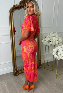 Venus Vibes Pink Abstract Print Ruched Side Midi Dress