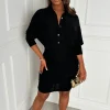 Victory Black Ruched Side Lurex Long Sleeve Shirt Dress