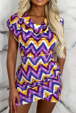 Vivid Dreams Purple Zig Zag Pattern Cowl Ruched Mini Dress