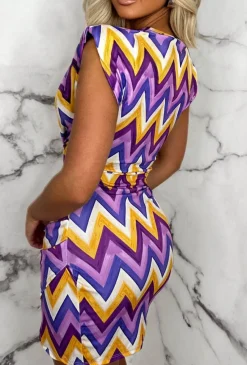 Vivid Dreams Purple Zig Zag Pattern Cowl Ruched Mini Dress