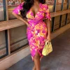 Vivid Glam Pink Stretch Printed Ruched Midi Dress