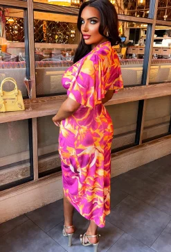 Vivid Glam Pink Stretch Printed Ruched Midi Dress