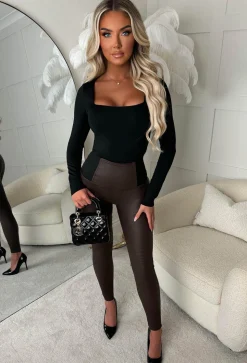 Waist Cincher Brown Stretch Waist Band Coated Leggings