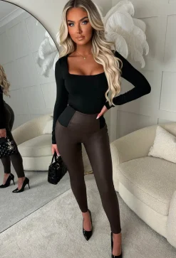 Waist Cincher Brown Stretch Waist Band Coated Leggings