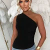 Want Her Black Bengaline One Shoulder Zip Up Top