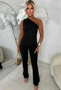 Want Her Black Bengaline One Shoulder Zip Up Top