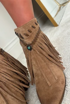 Western Sweetheart Tan Faux Suede Tassel Ankle Cowboy Boots
