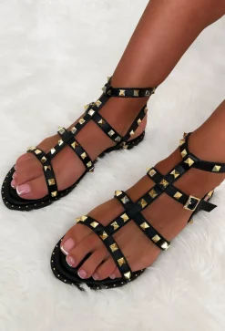 What A Stud Black Gold Studded Gladiator Sandals