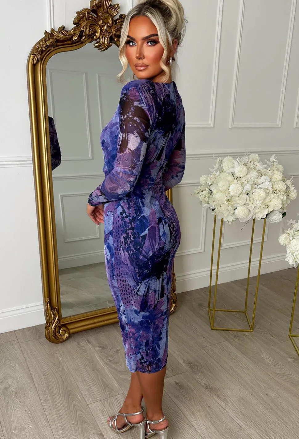 Wild & Demure Purple Mesh Long Sleeve Printed Midi Dress