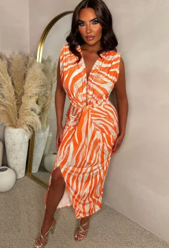 Wild & Longing Orange Twist Front Sleeveless Midi Dress