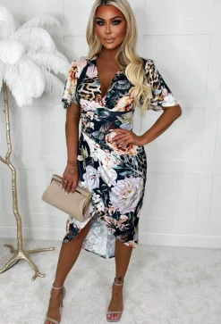 Wild Flowers Navy Leopard And Floral Printed Midi Dress