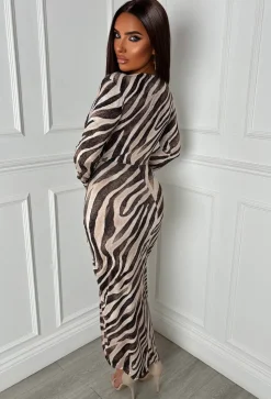 Wild Forever Brown Twist Front Long Sleeve Midi Dress