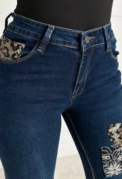 Wild Patch Dark Blue Stretch Sequin Patchwork Leopard Jeans