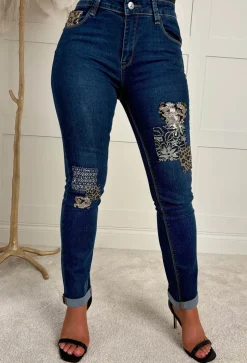 Wild Patch Dark Blue Stretch Sequin Patchwork Leopard Jeans