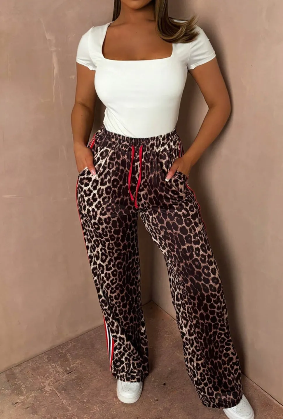 Wildest Days Leopard Print Side Stripe Wide Leg Trousers