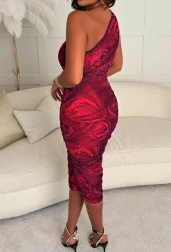 Wildest Love Pink One Shoulder Stretch Mesh Lined Ruched Midi Dress