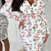 Wish For Love White Floral Long Sleeve Ruched Midi Dress
