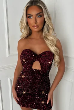 Wrap Me Up In Sparkle Burgundy Bow Front Sequin Bandeau Dress