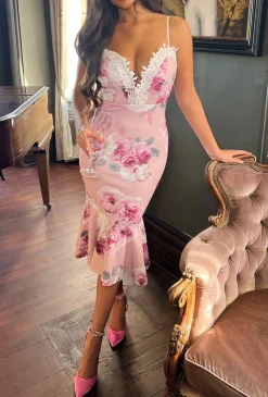 Wrapped In Love Pink Floral Lace Trim Midi Dress