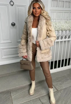 Wrapped In Magic Stone Faux Fur Trimmed Belted Puffer Coat