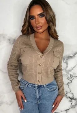 You Complete Me Beige Luxury Soft Cardigan With Gold Buttons