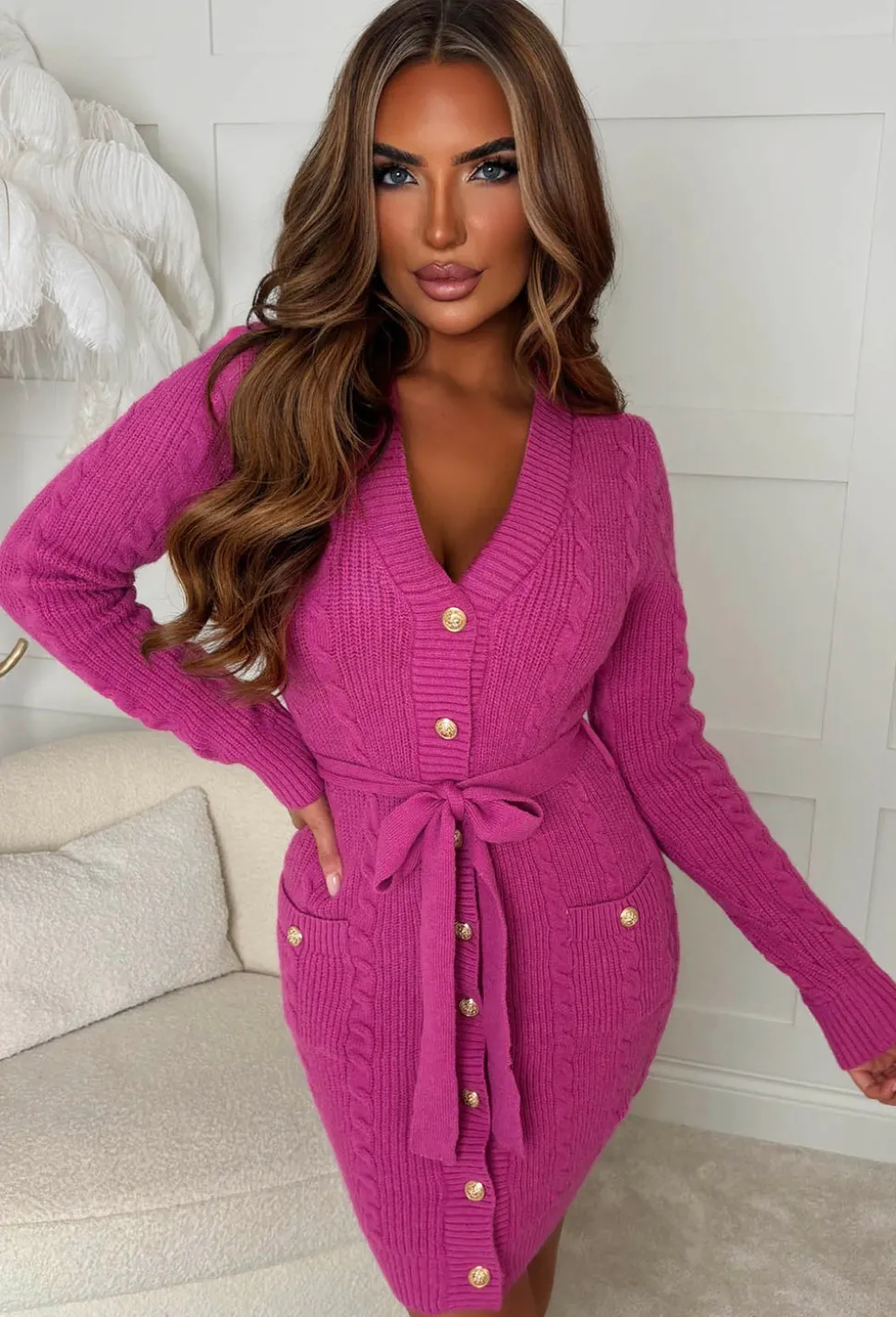 Your Dream Girl Pink Luxury Cable Button Front Knitted Midi Dress
