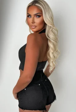 Your Honey Black Stretch Raw Edge Distressed Denim Shorts