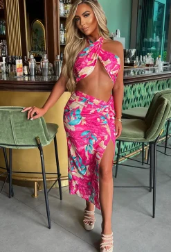 Your Paradise Pink Tropical Halterneck Bandeau Midi Skirt Co-Ord Set