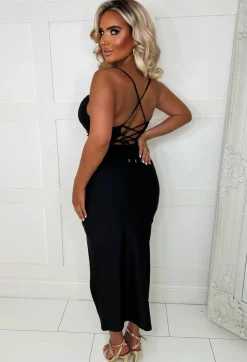 Your Secret Black Lace Up Midi Dress