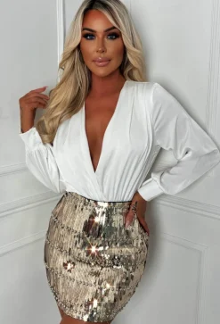 You're Dazzling Gold Sequin Panel Stretch Skirt