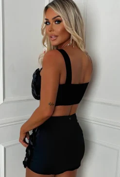 Zariah Black Luxury Satin Rose Detail Co-Ord