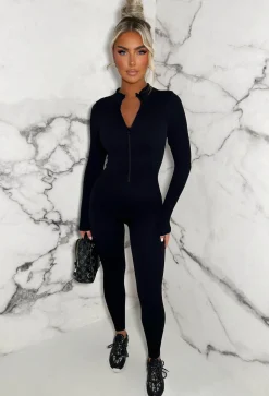 Zip Me Up Black Long Sleeve Waist Cinching Zip Up Unitard
